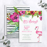 Invitación Rosa tropical brillante Vamos Flamingo 50 cumpleañ<br><div class="desc">Fijar el tono para una divertida celebración de cumpleaños con esta encantadora invitación tropical de fiesta "¡Vamos Flamingle!". Con una colorida coloración floral de una colorida y tropical gota de hibiscos coloridos, cepillo de botellas, ave paradisíaca brillante y follaje de palma, seguido de "Let's Flamingle" en rosa flamingo. La tarjeta...</div>