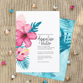 Invitación Rosa Tropical Hibiscus Turquoise Ferns Boda