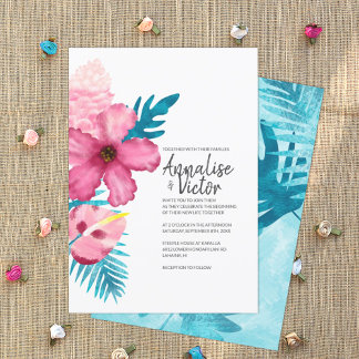Invitación Rosa Tropical Hibiscus Turquoise Ferns Boda