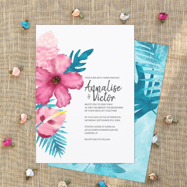Invitación Rosa Tropical Hibiscus Turquoise Ferns Boda (turquoise and pink tropical wedding invitation card, pink hibiscus, Hawaiian flowers theme)