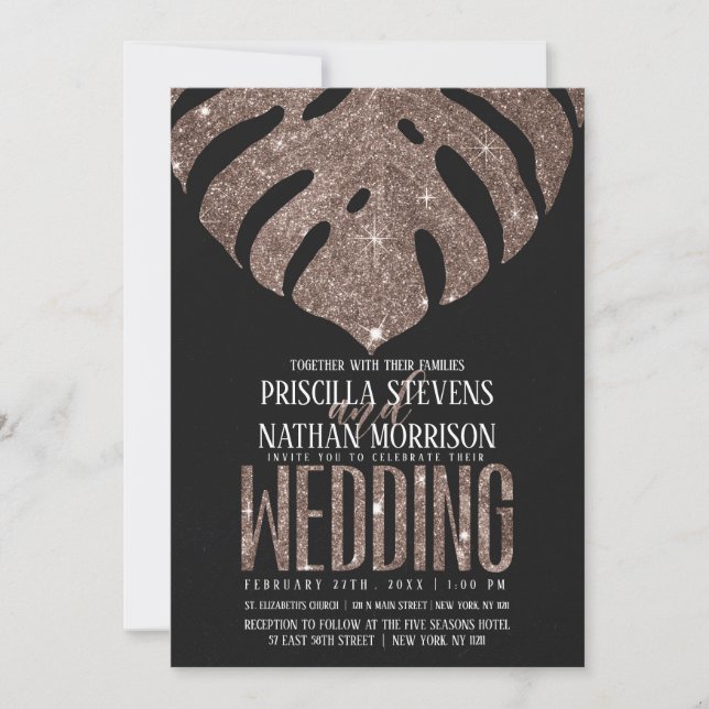 Invitación Rosa Tropical Monstera Dusty Purpurina de oro Boda (Anverso)