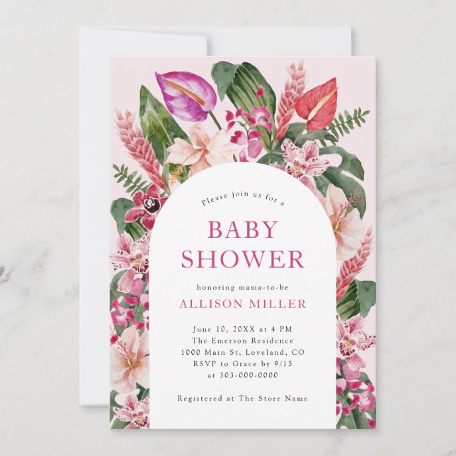 Invitación Rosa Tropical para Baby Shower (Anverso)