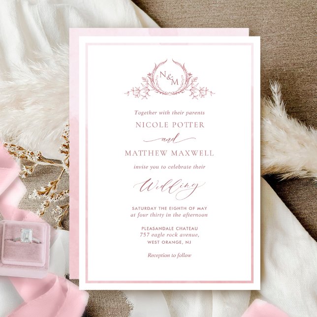 Invitación Rosa turbio acuarela elegante Boda monograma (Subido por el creador)