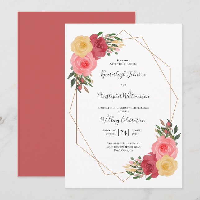 Invitación Rosa turbio acuarela Floral Boda geométrico (Anverso / Reverso)
