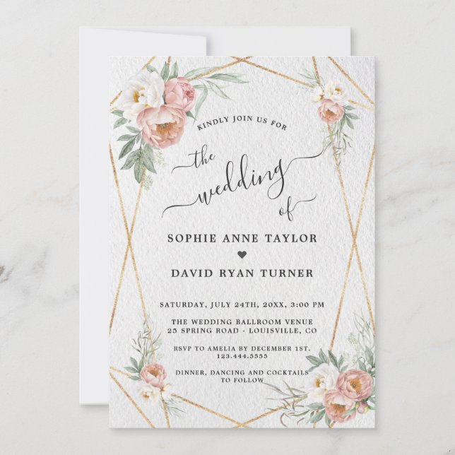 Invitación Rosa turbio Boda de caligrafía de oro floral blanc (Anverso)