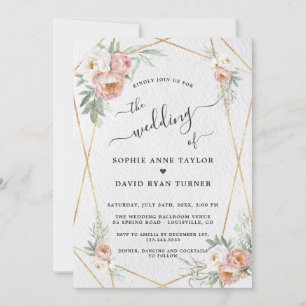 Invitación Rosa turbio Boda de caligrafía de oro floral blanc