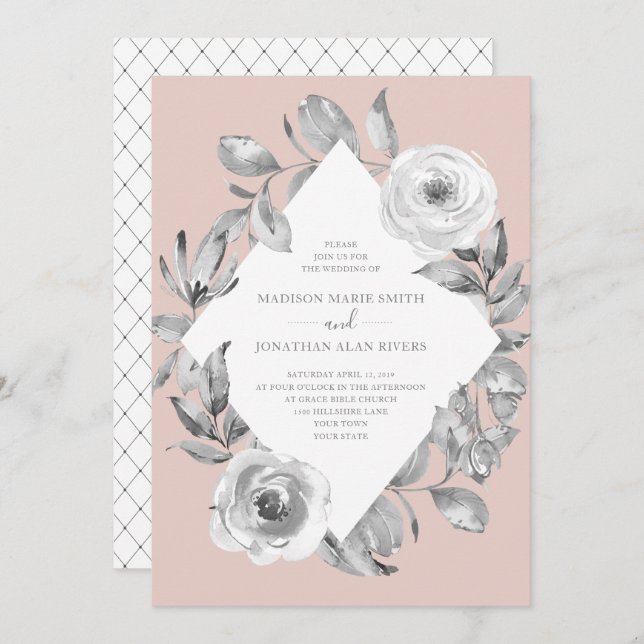 Invitación Rosa turbio Boda de diamantes con flores grises (Anverso / Reverso)