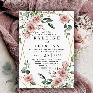 Invitación Rosa turbio Boda de vegetación floral rosa y dorad