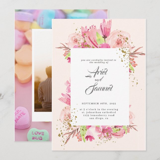 Invitación Rosa turbio Boda de vegetación floral rosa y dorad (Anverso / Reverso)