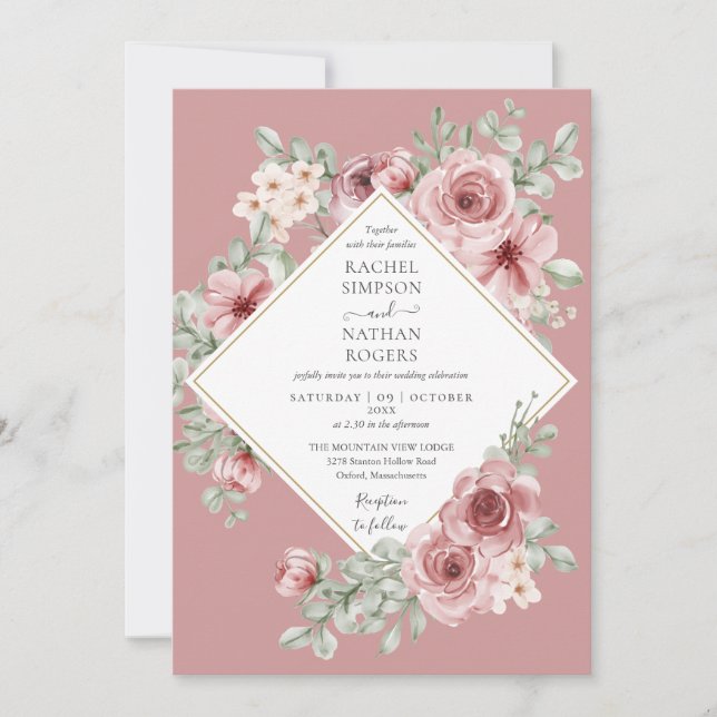 Invitación Rosa turbio Boda geométrico de oro floral (Anverso)