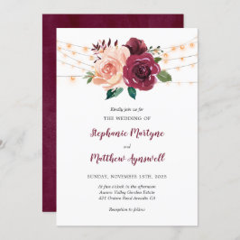 Invitación Rosa turbio Borgoña Floral String Lights Boda