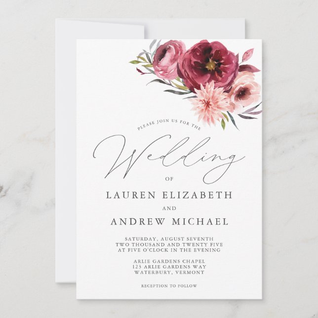 Invitación Rosa turbio borgoña rosa acuarela Boda floral (Anverso)