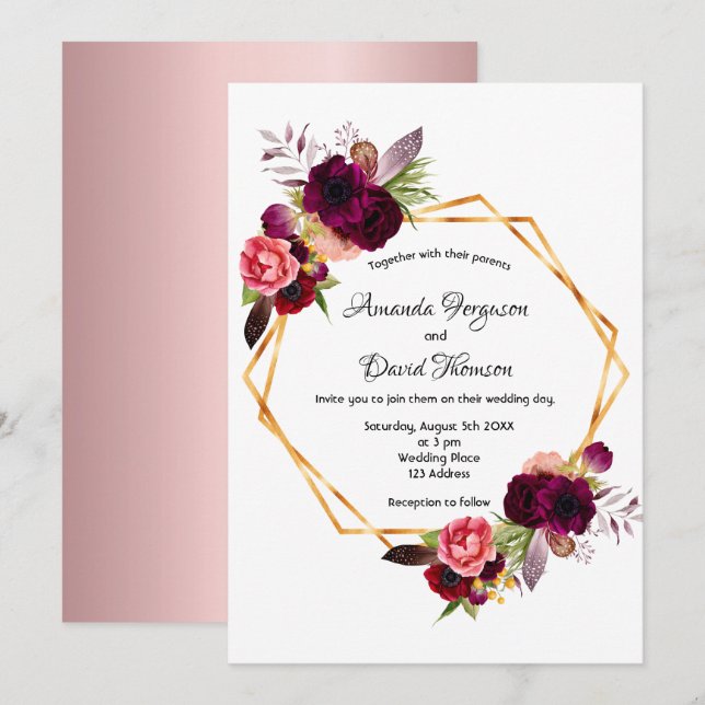 Invitación Rosa turbio borgoñones boda geométrico oro (Anverso / Reverso)