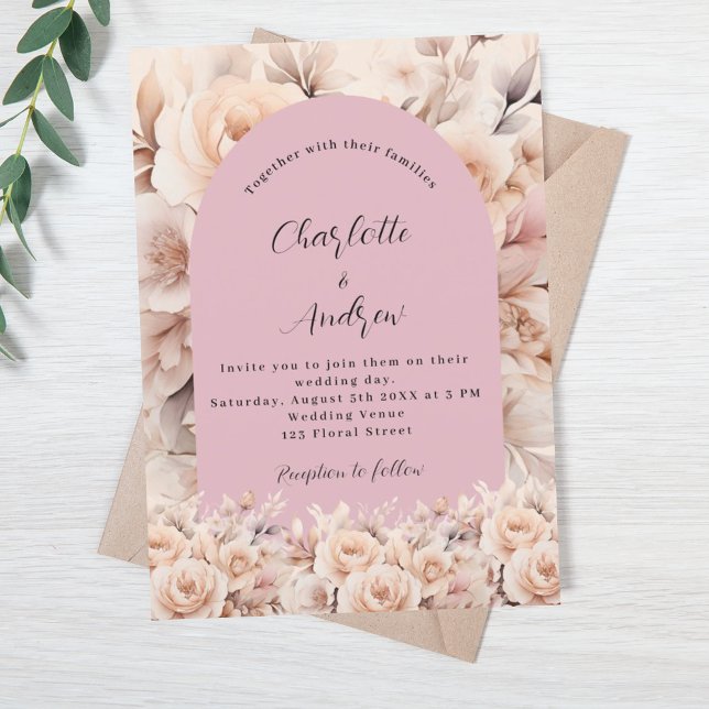 Invitación Rosa turbio crema floral arco elegante boda (Subido por el creador)