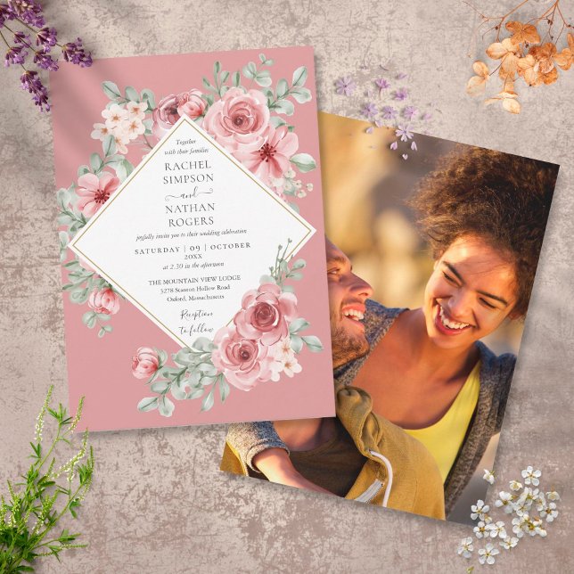 Invitación Rosa turbio de oro floral Boda geométrico foto (Subido por el creador)