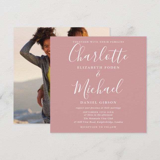 Invitación Rosa turbio elegante foto Boda de guión (Anverso / Reverso)