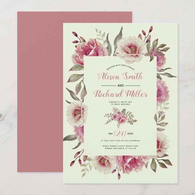 Invitación Rosa turbio flor de acuarela marco floral boda (Anverso / Reverso)