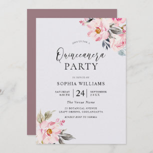 Invitación Rosa turbio Floral Rubor rosa Quinceanera Fiesta