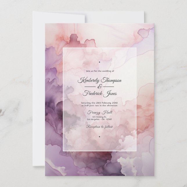 Invitación Rosa turbio, lavanda y Boda de tinta plateada (Anverso)