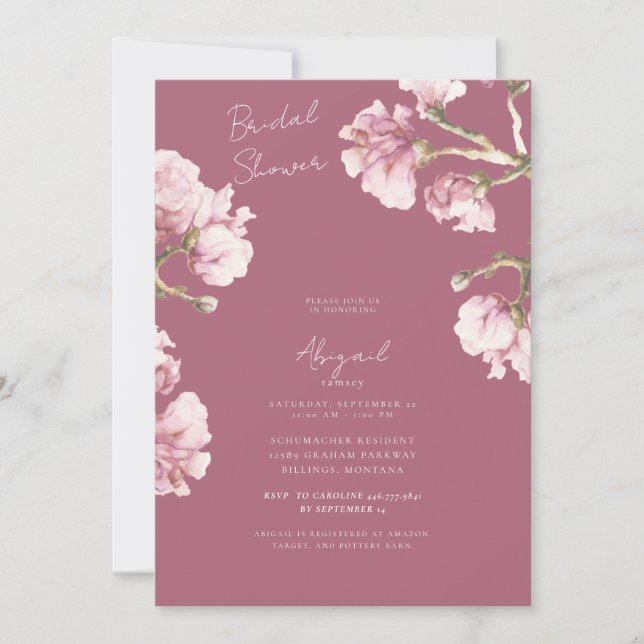 Invitación Rosa turbio Magnolia rosa florecimiento de novias  (Anverso)