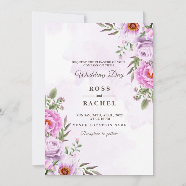 Invitación Rosa turbio rosa y dorado Boda de vegetación flora (Anverso)