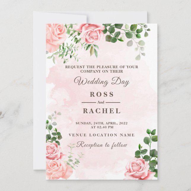 Invitación Rosa turbio rosa y dorado Boda de vegetación flora (Anverso)