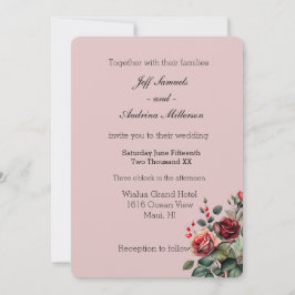 Invitación Rosa turbio rosado con Boda floral de rosas rojas