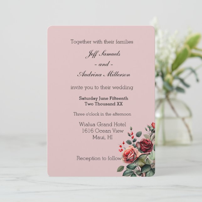 Invitación Rosa turbio rosado con Boda floral de rosas rojas (Anverso de pie)