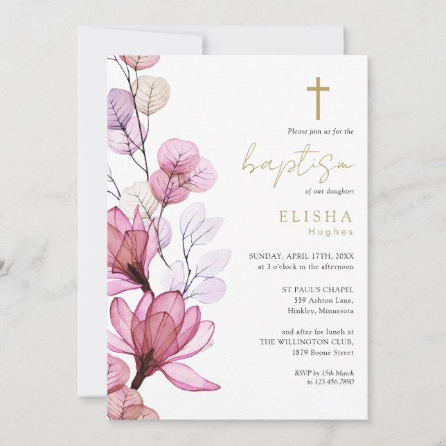 Invitación Rosa turbio Transparente Floral Monograma Bautismo (Anverso)