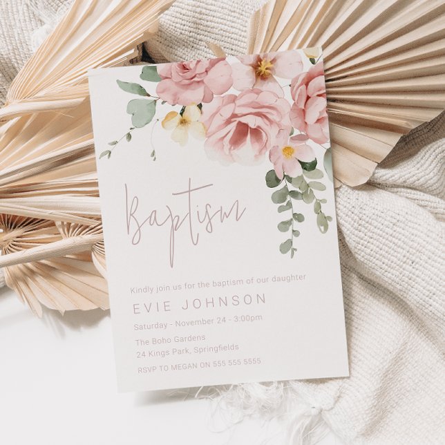 Invitación Rosa turbio y bautismo floral sabio (Subido por el creador)