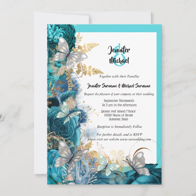 Invitación Rosa turquesa mariposa azul boda de oro plateado (Anverso)