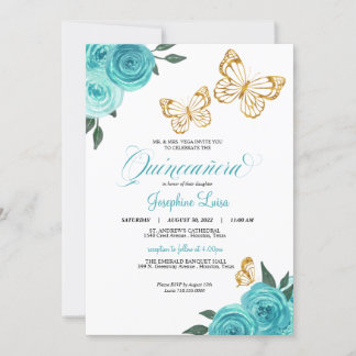 Invitación Rosa Turquesa Mariposa de Oro Quinceañera Cumpleañ