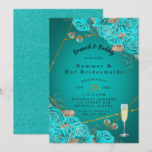 Invitación Rosa Turquesa Oro Novias de Novia Luncheon (Anverso / Reverso)