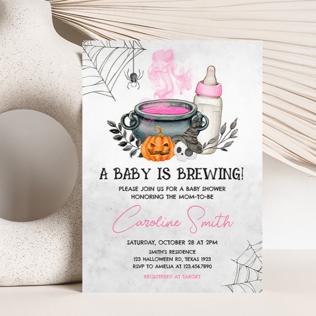 Invitación Rosa: Un bebé está preparando Baby Shower de Hallo (Pink Halloween Baby Shower Invitation)