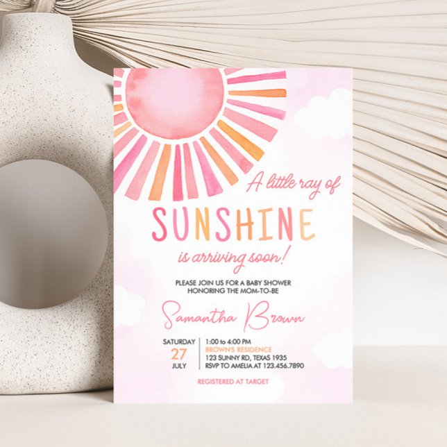 Invitación Rosa Un pequeño rayo de luz solar Baby Shower (Girl Sunshine Baby Shower Invitation)
