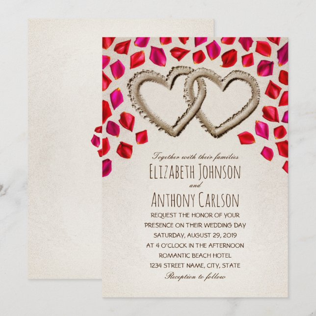 Invitación Rosa único de corazones de arena Petal Beach Boda  (Anverso / Reverso)