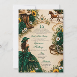 Invitación Rosa Vaquera Quinceañera Verde Esmeralda