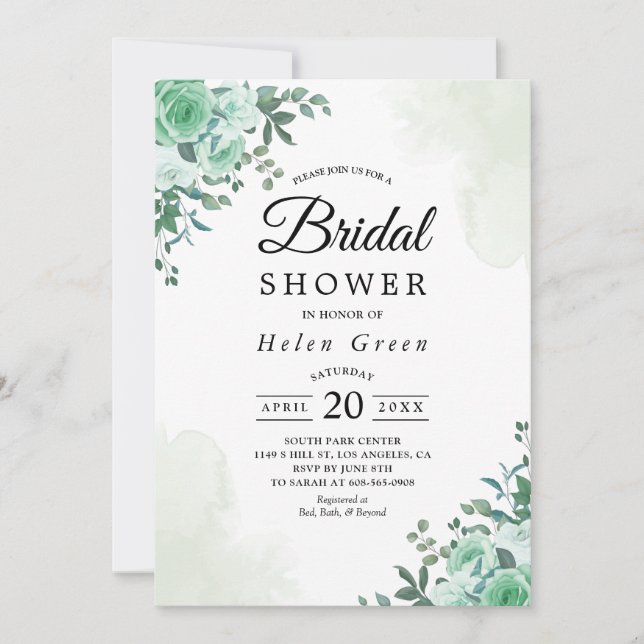 Invitación Rosa verde acuarela color floral ducha nupcial (Anverso)