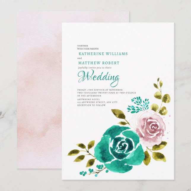 Invitación Rosa verde azulado Boda floral Rubor (Anverso / Reverso)