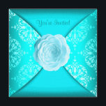 Invitación Rosa verde azulado de Damasco Azul Verde azulado e<br><div class="desc">Elegante damasco azul verde azulado todo el modelo de invitación de fiesta de ocasión. Añade tus detalles al frente y al fondo de esta hermosa invitación a la fiesta de damasco azul verde azulado de rosa blanca simplemente eligiendo el botón "Personalizar it!" para empezar a añadir los detalles del evento,...</div>