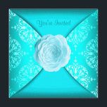 Invitación Rosa verde azulado de Damasco Azul Verde azulado e<br><div class="desc">Elegante damasco azul verde azulado todo el modelo de invitación de fiesta de ocasión. Añade tus detalles al frente y al fondo de esta hermosa invitación a la fiesta de damasco azul verde azulado de rosa blanca simplemente eligiendo el botón "Personalizar it!" para empezar a añadir los detalles del evento,...</div>
