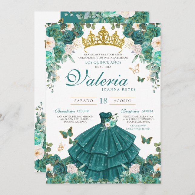 Invitación Rosa verde azulado Elegante Princesa Mariposa Quin (Anverso / Reverso)