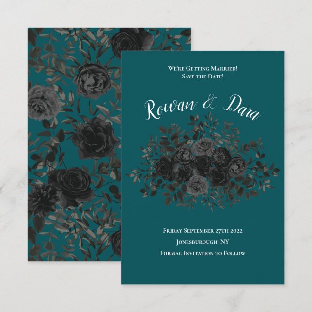 Invitación Rosa Verde azulado negro Boda gótica elegante (Anverso / Reverso)