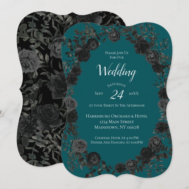 Invitación Rosa Verde azulado negro Boda gótica elegante (Anverso / Reverso)