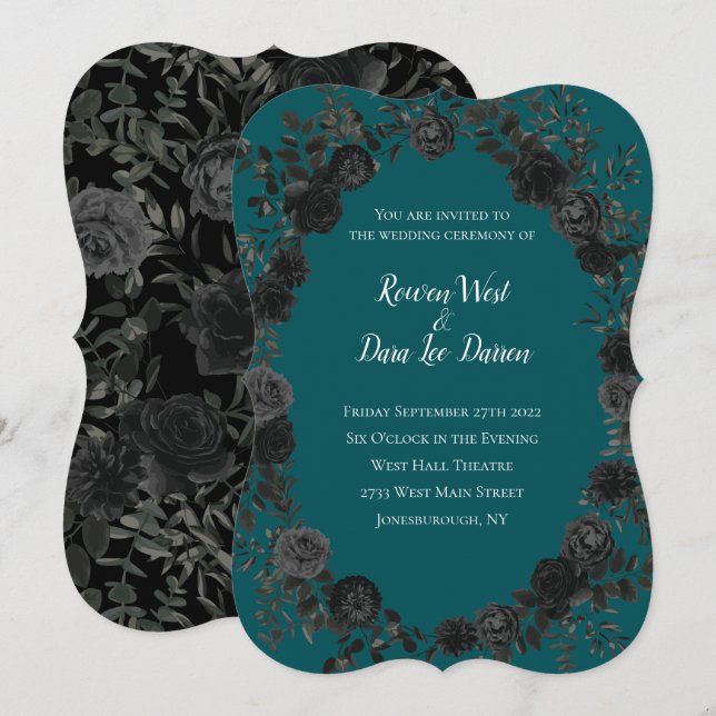 Invitación Rosa Verde azulado negro Boda gótica elegante (Anverso / Reverso)