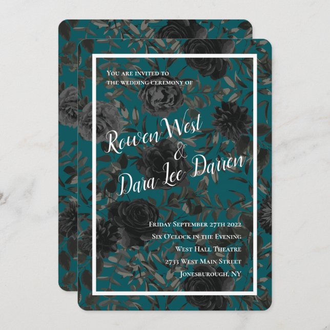 Invitación Rosa Verde azulado negro Boda gótica elegante (Anverso / Reverso)