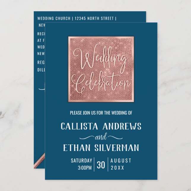 Invitación Rosa Verde azulado simple Purpurina de oro negro B (Anverso / Reverso)