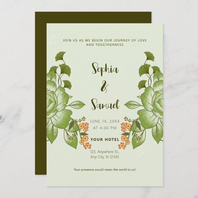 Invitación Rosa verde Boda floral (Anverso / Reverso)