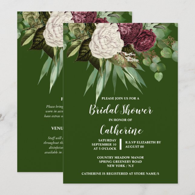 Invitación  Rosa verde borgoñoso floral oscuro vegetación mor (Anverso / Reverso)