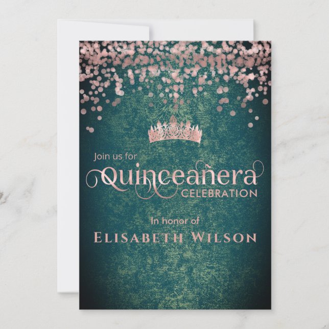 Invitación Rosa verde confetti tiara Quinceañera (Anverso)